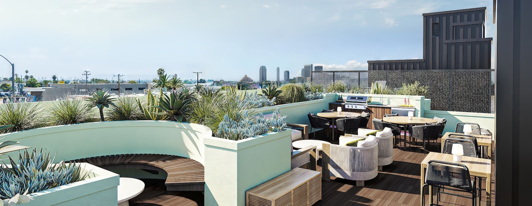 a deck with tables and chairs