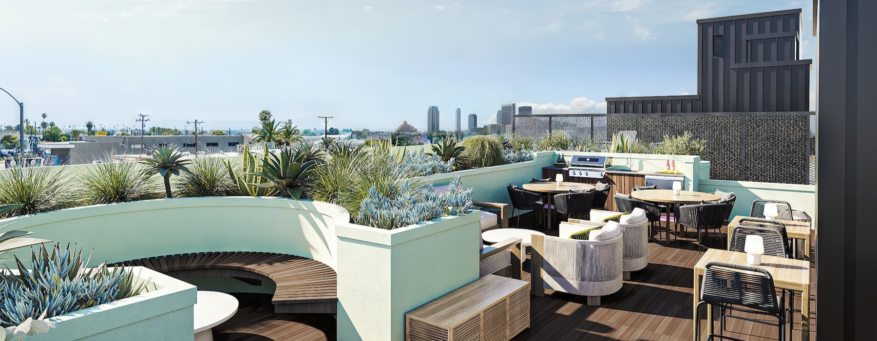a deck with tables and chairs